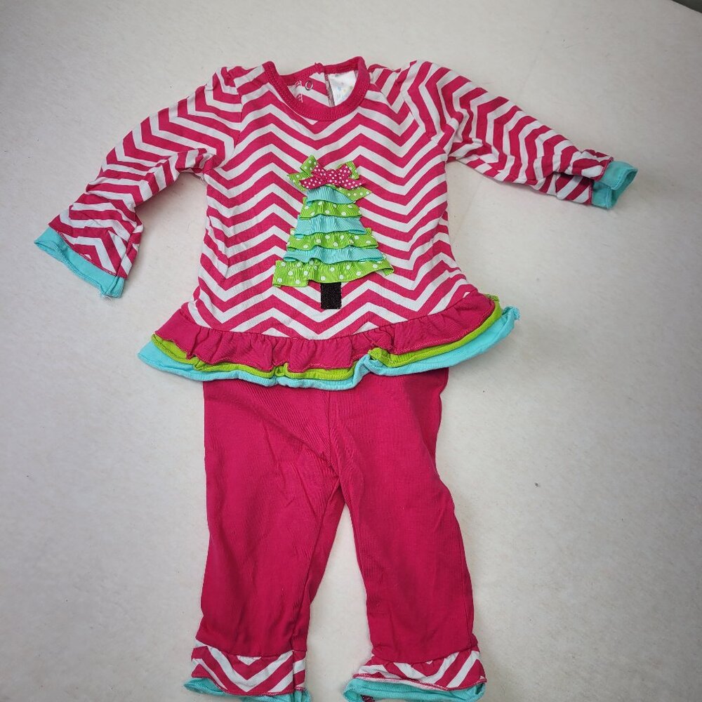 Nursery Rhyme 3/6 mo 2 piece outfit strips & Christmas Tree Ruffles Pink